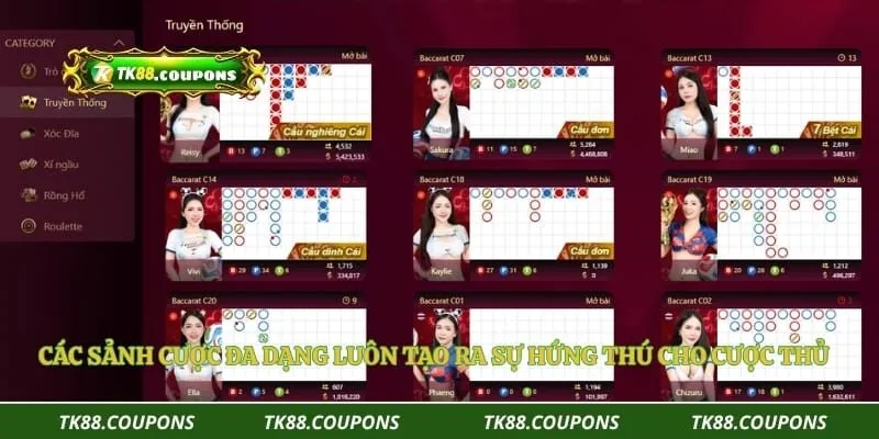 Các sảnh cược đa dạng luôn tạo ra sự hứng thú cho cược thủ