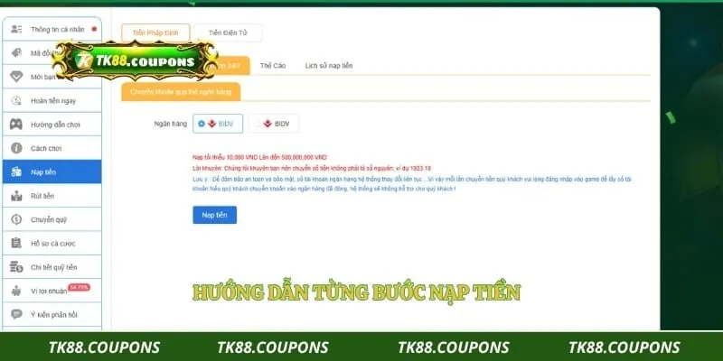 Hướng dẫn từng bước nạp tiền